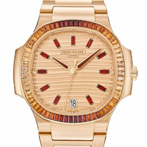 Patek Philippe Nautilus Ladies Rose Gold Baguette Cognac Bezel Watch 7118/1300R 7118/1300R-001