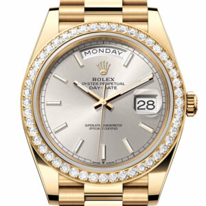 Rolex Day-Date 40 Silver Dial Diamond Bezel Yellow Gold President Men's Watch 228348RBR