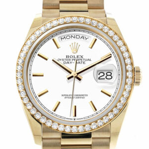 Rolex Day-Date 36 White Dial Gold Diamond Bezel Watch 128348RBR-0047 128348RBR