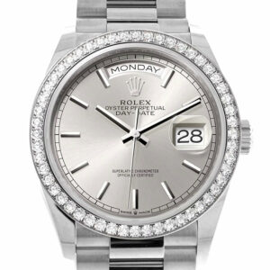 Rolex Day-Date 36 Silver Dial Diamond Bezel White gold President Watch 128349RBR