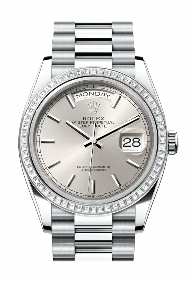 Rolex Day-Date 36 Silver Dial Diamond Bezel Platinum President Watch 128396TBR