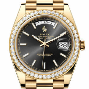 Rolex Day-Date 40 Bright Black Dial Diamond Bezel Yellow Gold President Men's Watch 228348RBR