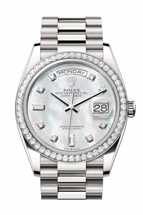 Rolex Day-Date 36 Mother of Pearl Diamond Dial Diamond Bezel White Gold President Watch 128349RBR