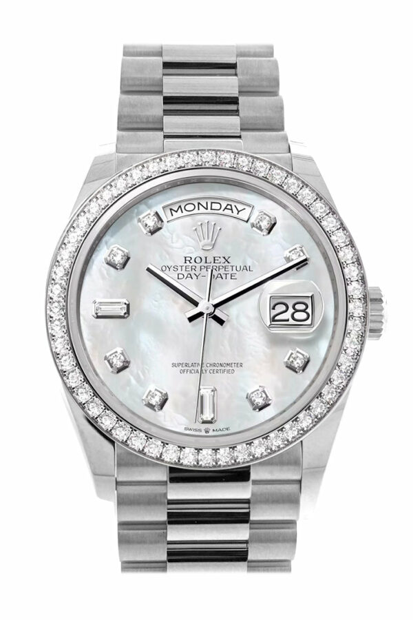 Rolex Day-Date 36 Mother of Pearl Diamond Dial Diamond Bezel White Gold President Watch 128349RBR