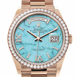 Rolex Day-Date 36 Turquoise Dial Diamond Bezel 18K Everose Gold President Watch 128345RBR