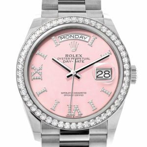 Rolex Day-Date 36 Pink Opal Diamond Dial Diamond Bezel White Gold President Watch 128349RBR