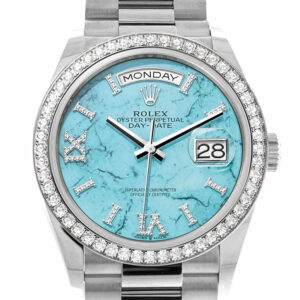 Rolex Day-Date 36 Turquoise Diamond Dial Diamond Bezel White Gold President Watch 128349RBR