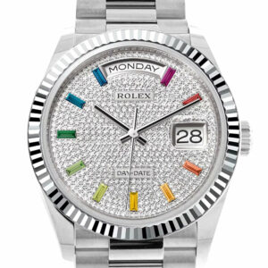 Rolex Day-Date 36 Diamond Paved Dial Fluted Bezel Platinum President Watch 128236