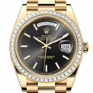 Rolex Day-Date 40 Black Dial Baguette Diamond Bezel 18K Yellow Gold President Men's Watch 228398TBR