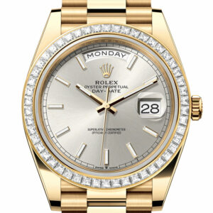 Rolex Day-Date 40 Silver Dial Baguette Diamond Bezel 18K Yellow Gold President Men's Watch 228398TBR