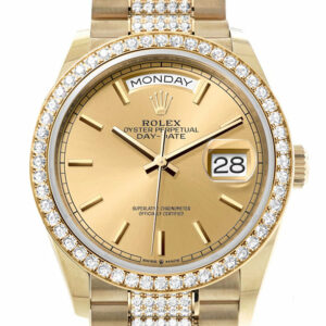 Rolex Day-Date 36 Champagne Dial Gold Diamond Bezel Watch 128348RBR-0027 128348RBR