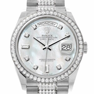 Rolex Day-Date 36 Mother of Pearl Diamond Dial Diamond Bezel White Gold Diamond President Watch 128349RBR