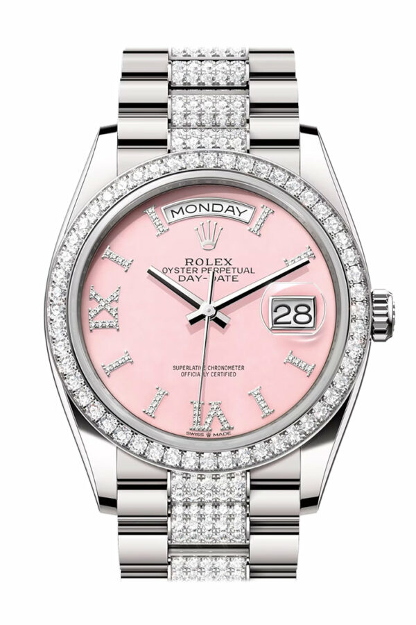 Rolex Day-Date 36 Pink Opal Diamond Dial Diamond Bezel White Gold Diamond President Watch 128349RBR