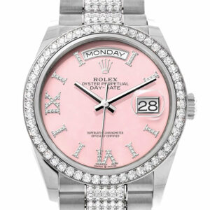 Rolex Day-Date 36 Pink Opal Diamond Dial Diamond Bezel White Gold Diamond President Watch 128349RBR