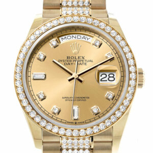 Rolex Day-Date 36 Champagne Diamond Dial Gold Diamond Bezel Watch 128348RBR-0010 128348RBR