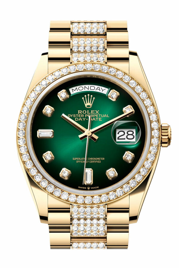 Rolex Day-Date 36 Green ombré Dial Gold Diamond Bezel Watch 128348RBR-0036 128348RBR