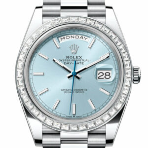 Rolex Day-Date 40 Ice Blue Dial 40 Baguette Diamond Bezel Platinum President Men's Watch 228396TBR 228396TBR-0039 New Release Model 2023