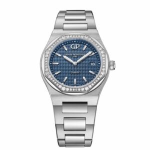 Girard-Perregaux Laureato in a 34mm stainless steel diamond bezel case with blue dial on stainless steel bracelet, featuring a date display and quartz movement.