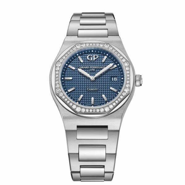 Girard-Perregaux Laureato in a 34mm stainless steel diamond bezel case with blue dial on stainless steel bracelet, featuring a date display and quartz movement.