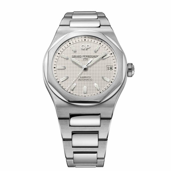 Girard-Perregaux Laureato in a 42mm stainless steel casew ith silver dial on stainless steel bracelet, featuring a date display and automatic movement.