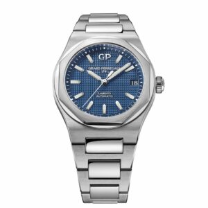 Girard-Perregaux Laureato in a 42mm stainless steel case with blue dial on stainless steel bracelet, featuring a date display and automatic movement.