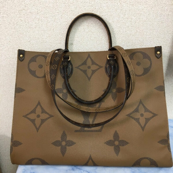 LV On The Go MM Coated Canvas Tote Bag,Brown