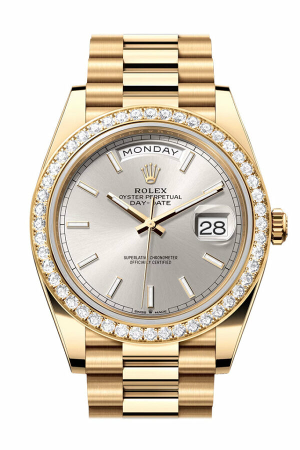 Day-Date 40 Silver Dial Diamond Bezel Yellow Gold President Men's Watch 228348RBR