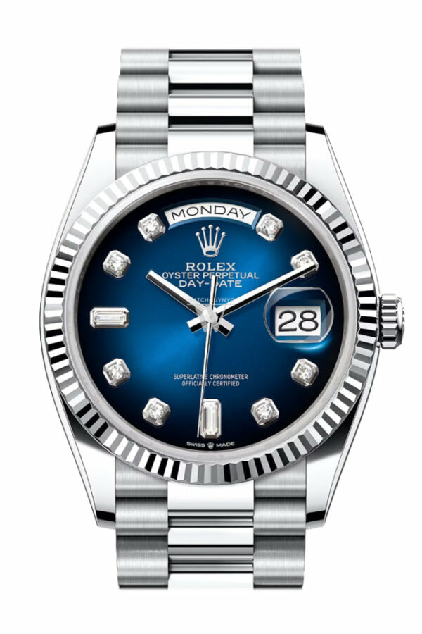 Day-Date 36 Blue ombré Diamond Dial Fluted Bezel Platinum President Watch 128236