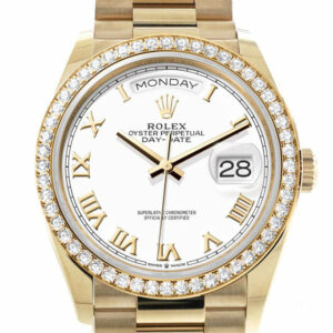 Day-Date 36 White Roman Dial Gold Diamond Bezel Watch 128348RBR-0042 128348RBR