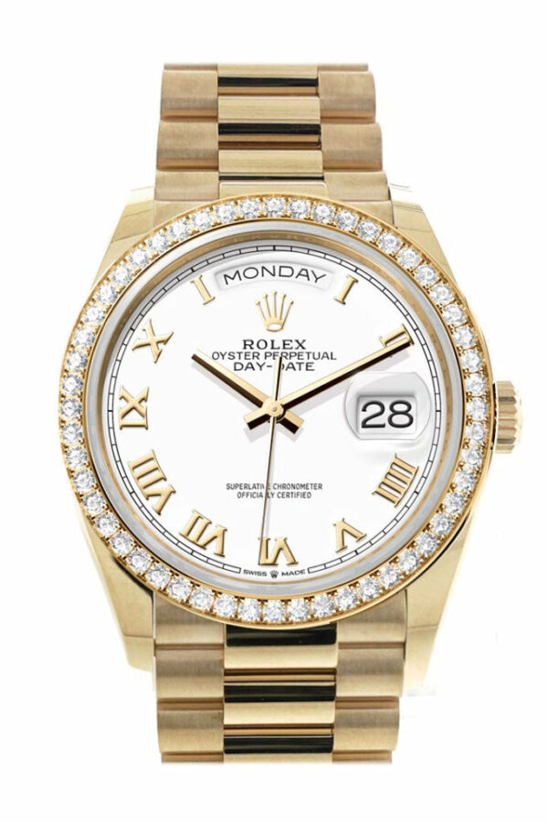 Day-Date 36 White Roman Dial Gold Diamond Bezel Watch 128348RBR-0042 128348RBR