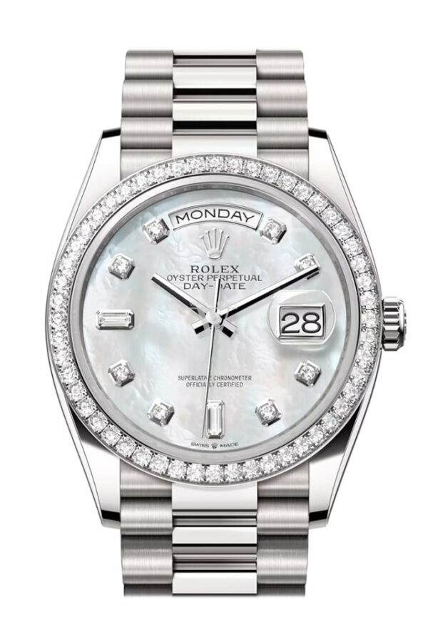 Day-Date 36 Mother of Pearl Diamond Dial Diamond Bezel White Gold President Watch 128349RBR