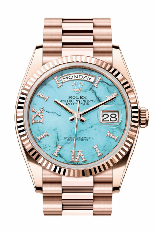 Day-Date 36 Turquoise Diamond Dial Fluted Bezel 18K Everose gold President Watch 128235