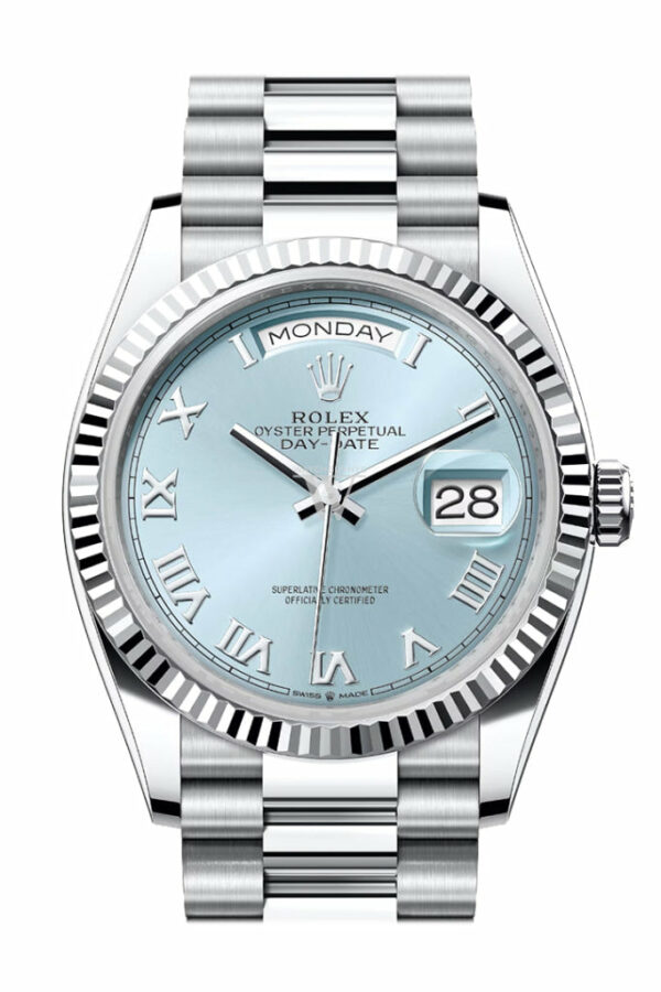 Day-Date 36 Ice Blue Roman Dial Fluted Bezel Platinum President Watch 128236