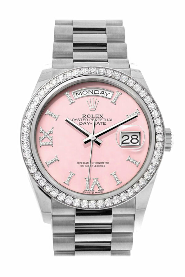 Day-Date 36 Pink Opal Diamond Dial Diamond Bezel White Gold President Watch 128349RBR