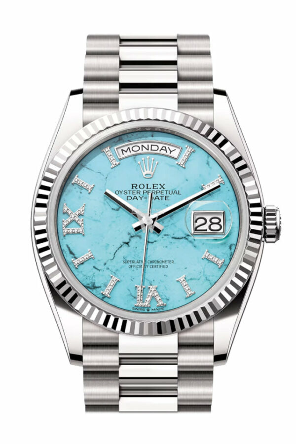 Day-Date 36 Turquoise Diamond Dial Fluted Bezel White gold President Watch 128239