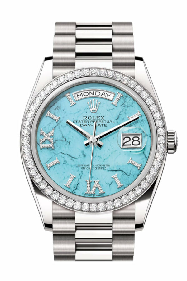 Day-Date 36 Turquoise Diamond Dial Diamond Bezel White Gold President Watch 128349RBR