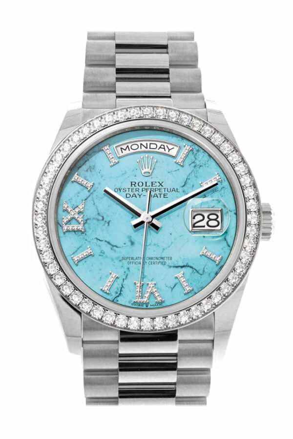 Day-Date 36 Turquoise Diamond Dial Diamond Bezel White Gold President Watch 128349RBR