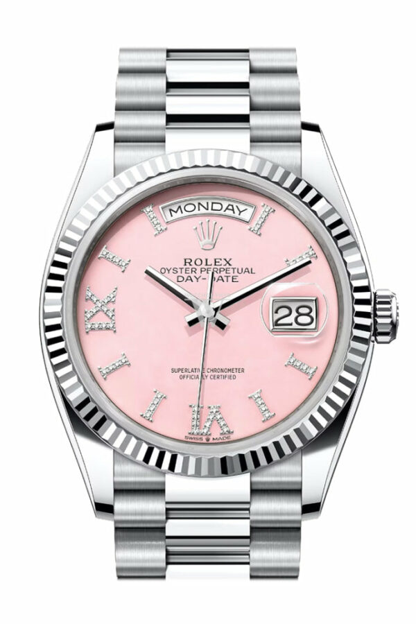 Day-Date 36 Pink Opal Diamond Dial Fluted Bezel Platinum President Watch 128236