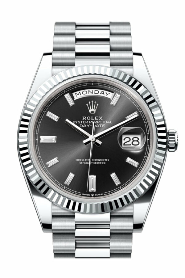 Day-Date 40 Bright Black 10 baguette-cut Diamonds Dial Fluted Bezel Platinum President Men's Watch 228236