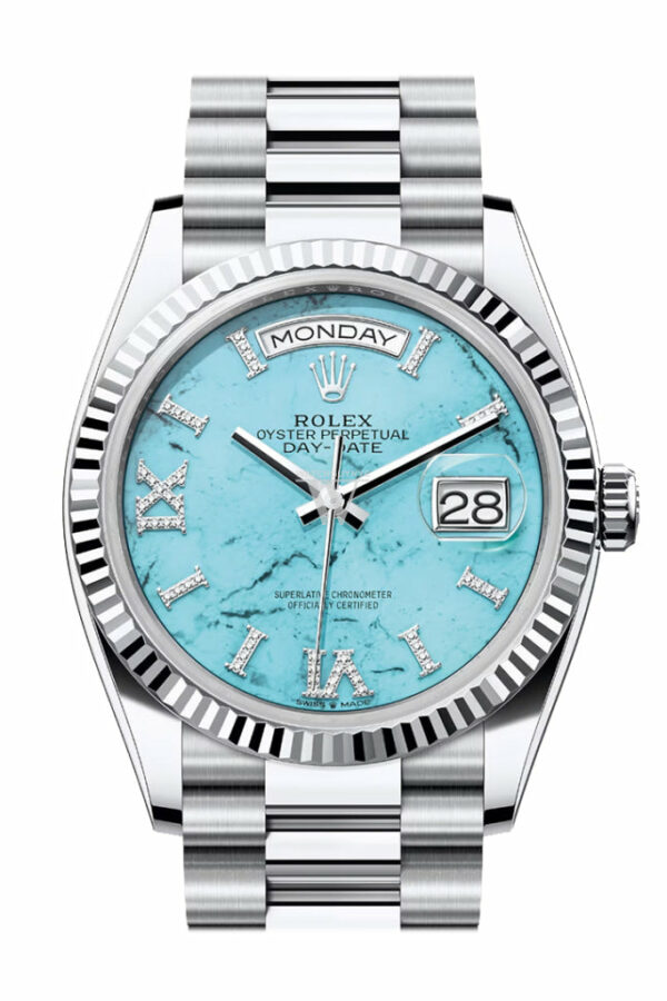 Day-Date 36 Turquoise Diamond Dial Fluted Bezel Platinum President Watch 128236