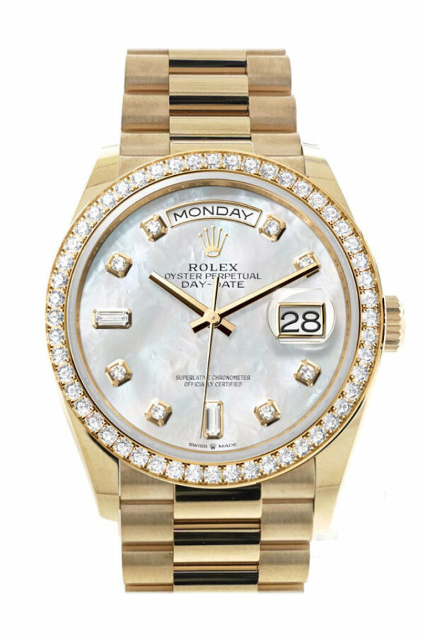 Day-Date 36 Mother of Pearl  Dial Gold Diamond Bezel Watch 128348RBR-0017 128348RBR