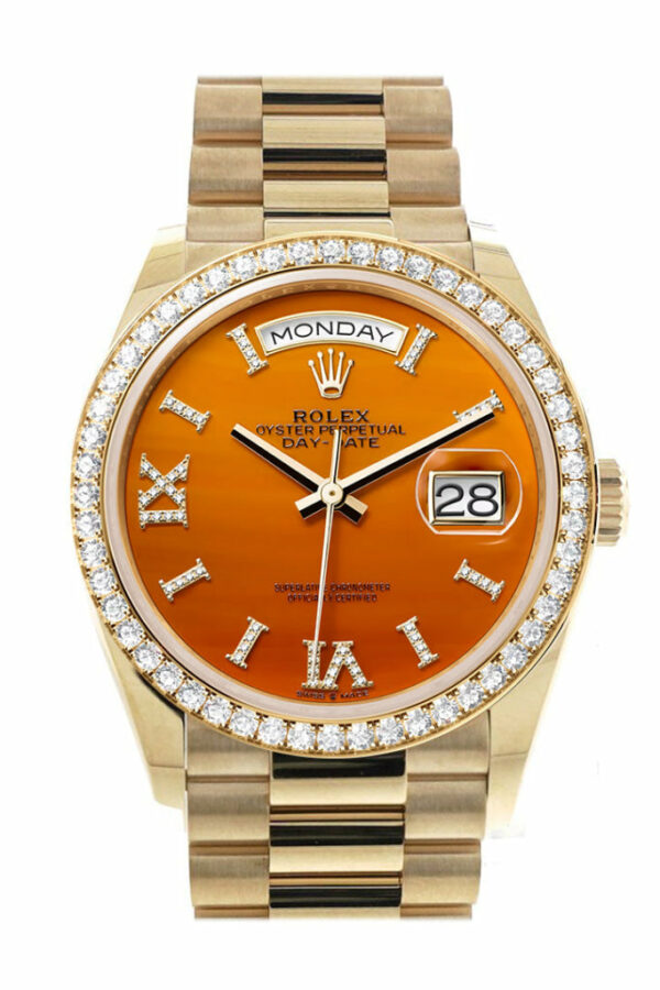 Day-Date 36 Carnelian Dial Gold Diamond Bezel Watch 128348RBR-0049 128348RBR