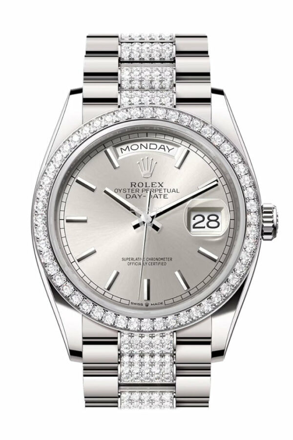 Day-Date 36 Silver Dial Diamond Bezel White Gold Diamond President Watch 128349RBR