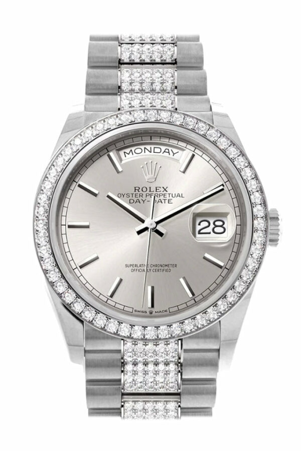 Day-Date 36 Silver Dial Diamond Bezel White Gold Diamond President Watch 128349RBR