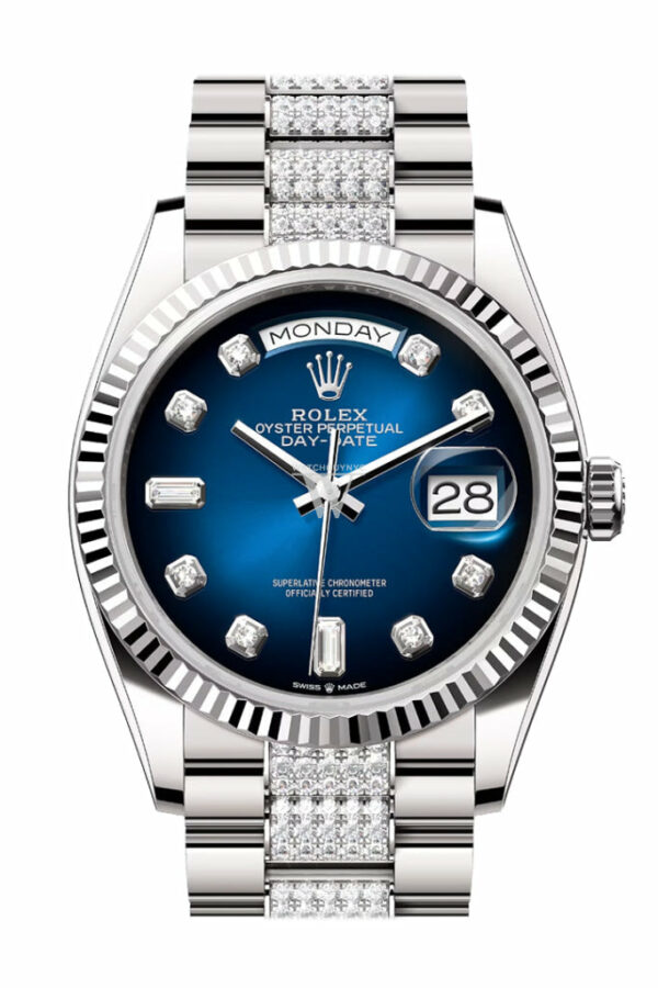 Day-Date 36 Blue ombré Diamond Dial Fluted Bezel White Gold Diamond President Watch 128239