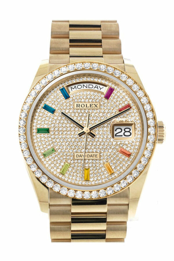 Day-Date 36 Paved Rainbow Sapphire Dial Gold Diamond Bezel Diamond President Watch 128348RBR-0030 128348RBR