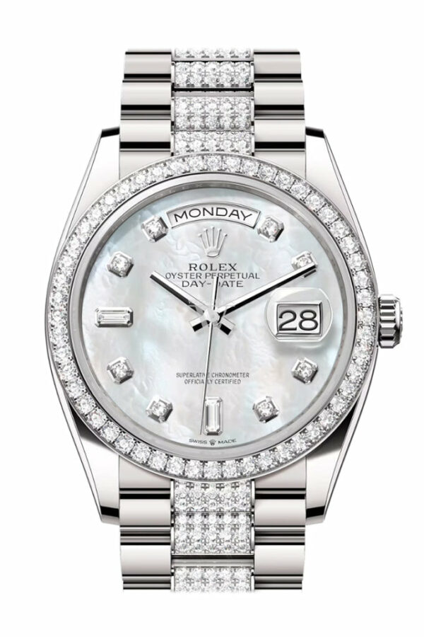 Day-Date 36 Mother of Pearl Diamond Dial Diamond Bezel White Gold Diamond President Watch 128349RBR