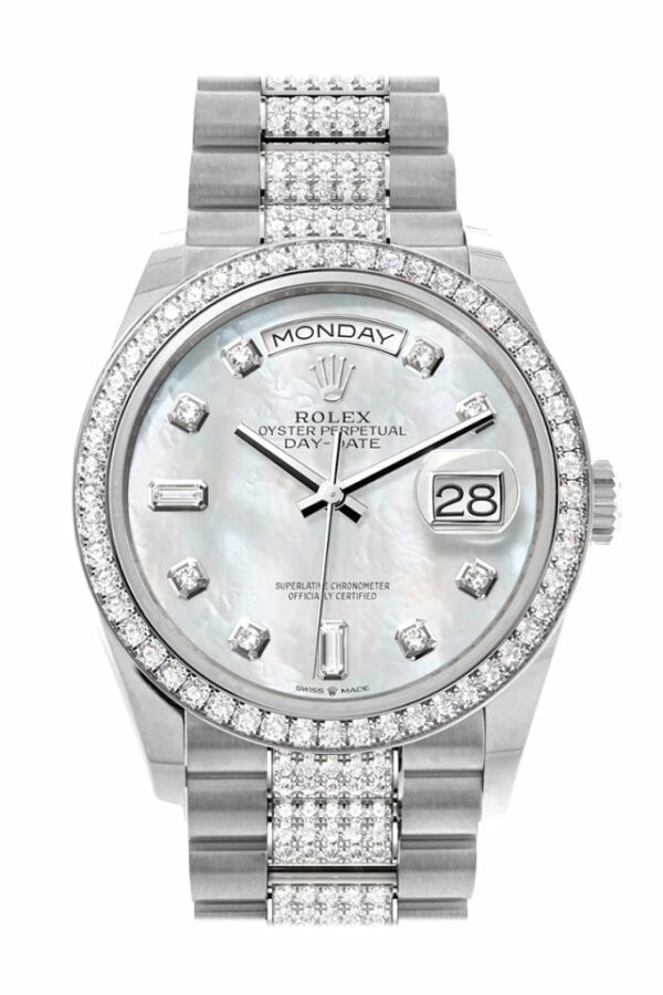 Day-Date 36 Mother of Pearl Diamond Dial Diamond Bezel White Gold Diamond President Watch 128349RBR