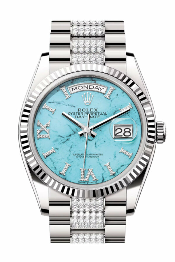 Day-Date 36 Turquoise Diamond Dial Fluted Bezel White Gold Diamond President Watch 128239