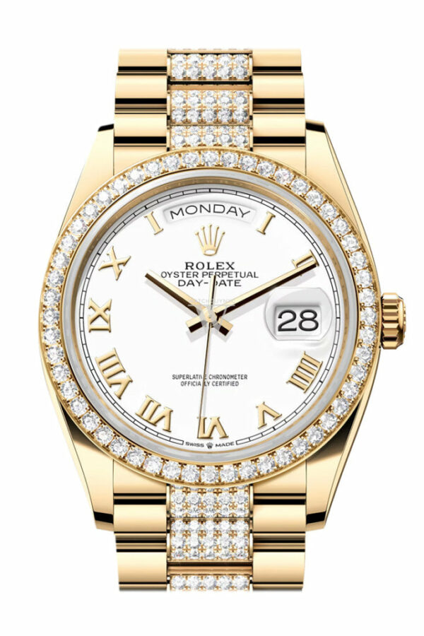 Day-Date 36 White Roman Dial Gold Diamond Bezel Watch 128348RBR-0043 128348RBR